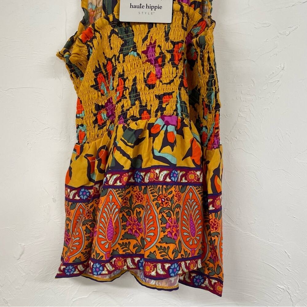 Haute Hippie Mustard Yellow Floral Print Halter Smocked Boho Blouse L Sleeveless - Picture 9 of 13